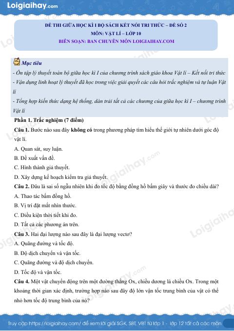 Đề thi giữa học kì 1 Vật lí 10 Kết nối tri thức - Đề số 02